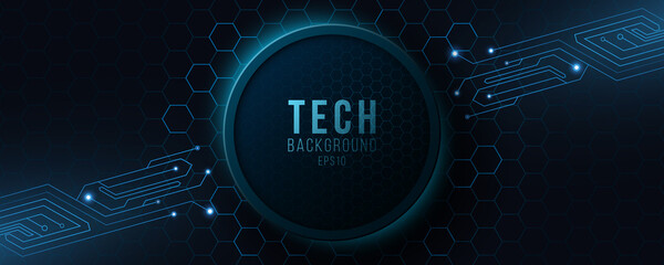 Poster - Futuristic hi-tech banner with computer circuit. Modern tech design. Glowing blue neon honeycombs with flying glowing particles. Vector illustration.