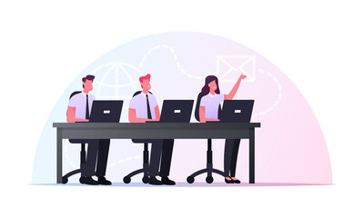 Wall Mural - Characters Sitting at Office Desk with Laptops Take Part in Online Meeting or Briefing. Remote Communication, Internet