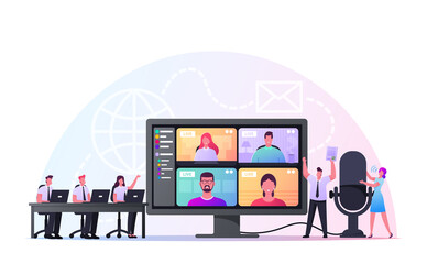 Wall Mural - Business Characters, Tiny Employees Speak on Video Call with Remote Colleagues on Online Briefing, Webcam Conference