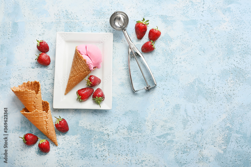 Plate with tasty strawberry ice cream on color background