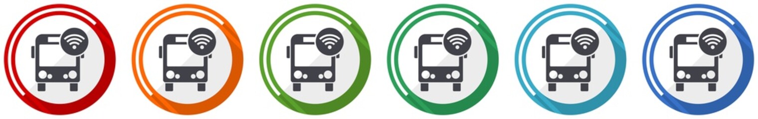 Poster - bus with wifi icon set, flat design vector illustration in 6 colors options for webdesign and mobile