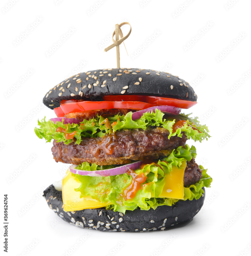 Tasty burger with black bun on white background