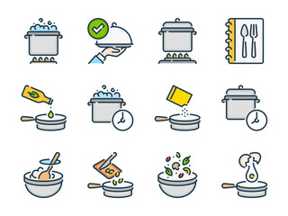 Poster - Cooking and Boiling related vector color line icon set. Meal Cooking and Kitchen Equipment colorful outline icons. Food and Kitchen Utensils icon collection.