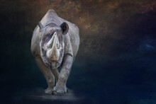 Rhinoceros Close-up Portrait Walking Forward On A Dark Background