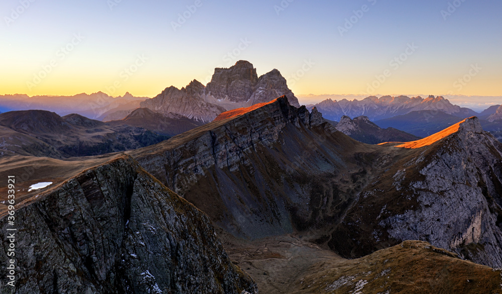 Mountain panorama at autumn sunrise, Dolomites, Italy, Mt. Pelmo - obrazy, fototapety, plakaty 