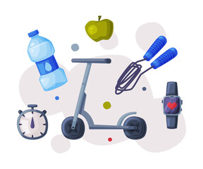 Wall Mural - Sports and Healthy Lifestyle Objects, Kick Sooter, Skipping Rope, Bottle of Water, Apple, Stopwatch, Smartwatch Cartoon Style Vector Illustration