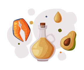 Poster - Healthy Diet, Salmon Fish, Olive Oil, Avocado, Fresh Useful Products with Health Benefits Cartoon Style Vector Illustration