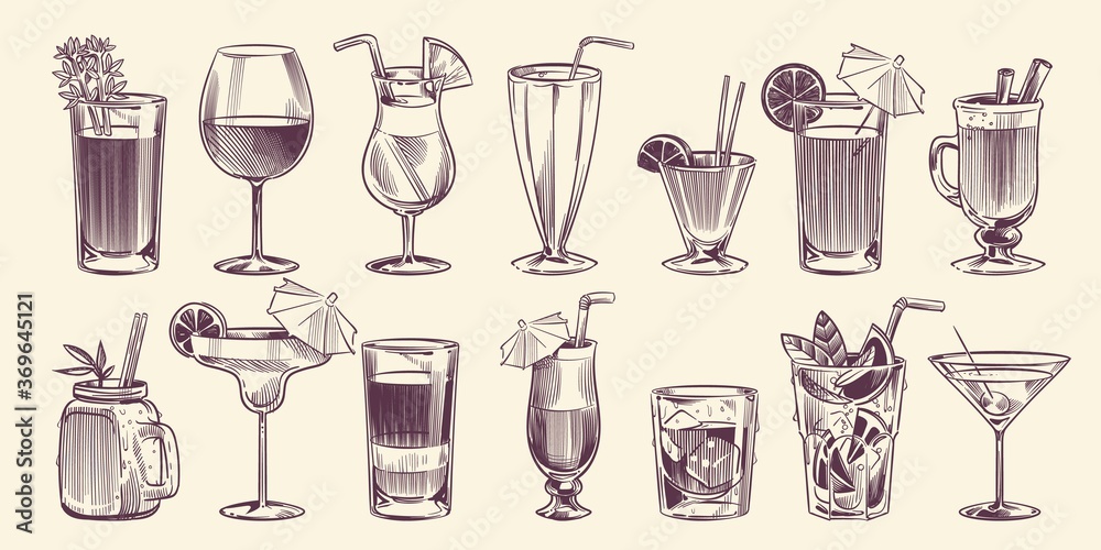 Sketch cocktails. Hand drawn different cocktail, alcohol drink in glass for party restaurant menu, cold mojito, tropical pina colada and margarita, engraving style vector isolated set - obrazy, fototapety, plakaty 