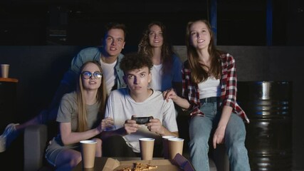 Sticker - Having fun with friends. Happy man completes hard level in video game