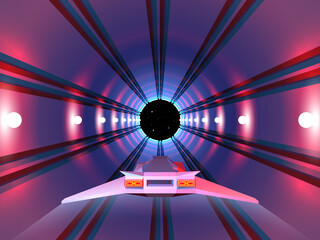 Poster - Arcade space ship flying to the gateway in purple corridor 3D landscape with docking lights, 80s style synthwave or retrowave illustration
