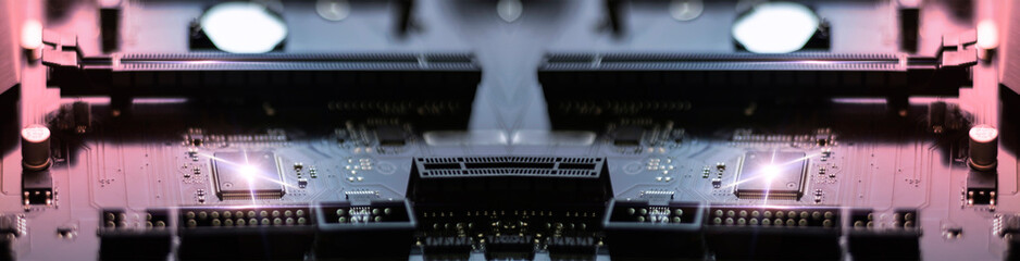 Abstract neon tech background. Light tunnel, rays. Engineering programming, symmetrical reflection.