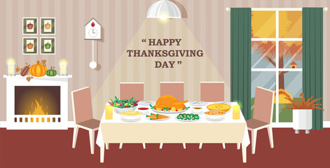 Illustration vector flat cartoon of  family reunion Thanksgiving dinner table setting at home with fireplace in dinning room