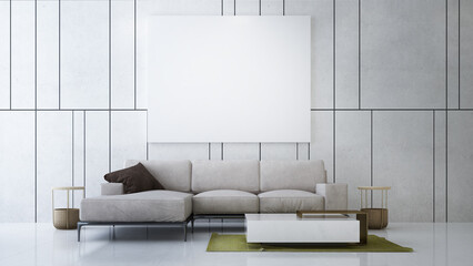 The mock up interior design of modern living room and wall pattern texture background and picture frame