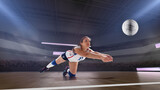 Female professional volleyball players in action on 3d stadium.