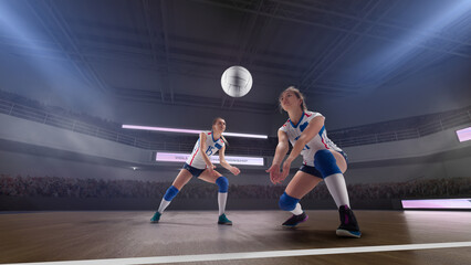 Female professional volleyball players in action on 3d stadium.