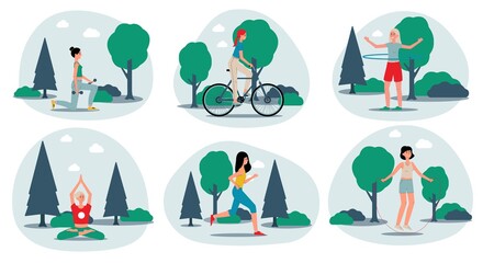 Canvas Print - Womens fitness and healthy lifestyle set flat vector illustration isolated.