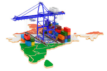 Poster - Freight Shipping in India concept. Harbor cranes with cargo containers on the Indian map. 3D rendering