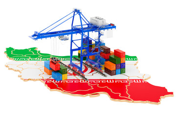Poster - freight shipping in iran concept. harbor cranes with cargo containers on the iranian map. 3d renderi