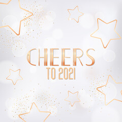 Wall Mural - Happy New Year or Merry Christmas Greeting Card with Gold Stars, Glitter and Cheers to 2021 Typography, Festive Season