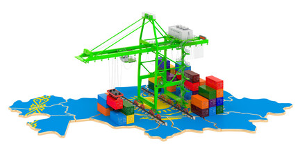 Poster - freight shipping in kazakhstan concept. harbor cranes with cargo containers on the kazakh map. 3d re