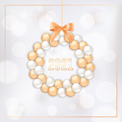 Wall Mural - Happy New Year Card with Wreath made of Gold and White Xmas Balls and Bow on White Blurred Background with Golden Frame