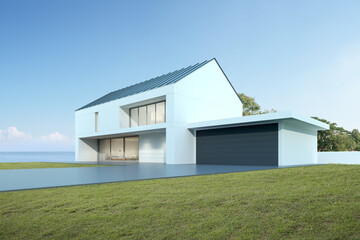 Poster - Perspective of modern house with garage on sea background, Exterior. 3d rendering	

