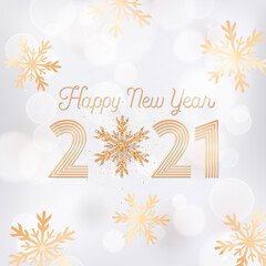 Wall Mural - Happy New Year Card with Gold Snow Flakes and Glitter on Black Blurred Background with Golden Frame and 2021 Typography