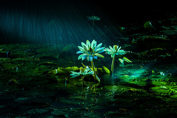 the fantasic nightview of the lotus pond,lotus and water lily flower and leaves.