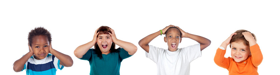 Wall Mural - Children covering the ears and shocked by a loud sound