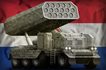 rocket artillery, missile launcher with grey camouflage on the Paraguay national flag background. 3d Illustration