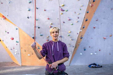 Canvas Print - A girl trains on a climbing wall