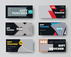 Poster - Black gift voucher template with colored geometric elements, realistic shadows, standard size coupon.