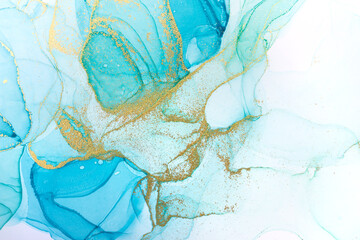 Poster - Alcohol ink blue abstract background. Ocean style watercolor texture. Blue and gold paint stains illustration