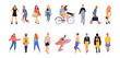 © Firangiz - Crowd of people performing outdoor activities - walking dogs, riding bicycle, skateboarding. Group of male and female flat cartoon characters isolated on white background. Vector illustration.