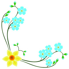 Wall Mural - Corner with blue forget me not flowers and daffodil.