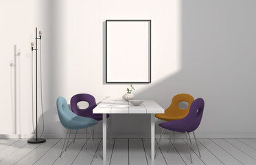 Poster - Modern living room with table, chairs and blank poster mock up for your own design. 3D render/ rendering.