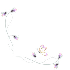 Wall Mural - Corner with abstract flowers and butterfly on a white background.