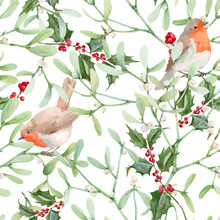 Beautiful Seamless Pattern With Watercolor Mistletoe Plant Leaves With Robin Birds. Stock Illustraqtion.