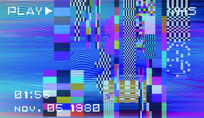 Aufkleber - Retro VHS background with Glitch art effect. Vector illustration in retrowave and vaporwave style.