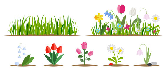 flower and grass flat icon set isolated on white. various garden flowers including rose, tulip, orch