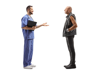 Poster - Medical worker talking to a bald punk rocker