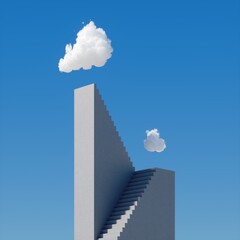 3d render, abstract cloudscape on a sunny day, white cloud hangs above the high concrete stairs, skyscraper under the blue sky. Modern minimal surreal background, challenge concept