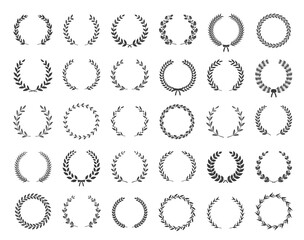 Sticker - Big collection of thirty different black and white silhouette circular laurel foliate and oak wreaths depicting an award, achievement, heraldry, nobility. Vector illustration.