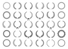 Set Of Black And White Silhouette Circular Laurel Foliate And Oak Wreaths Depicting An Award, Achievement, Heraldry, Nobility. Vector Illustration.