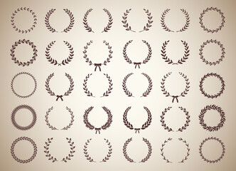 Poster - Big collection of circular vintage laurel wreaths. Can be used as design elements in heraldry on an award certificate manuscript and to symbolise victory illustration in silhouette