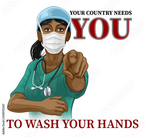 Fotomural A woman nurse or doctor in surgical or hospital scrubs and mask pointing in a your country needs or wants you gesture