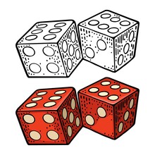 Two White Dice. Vintage Color Vector Engraving Illustration