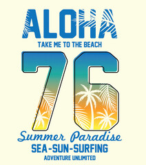 Wall Mural - Hawaii, Aloha typography with palms tree illustration for t-shirt print , vector illustration.