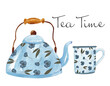 © olgahalizeva - Teapot and cup. watercolor cute teapot and cups with flowers isolated on white background. Tea time. Watercolor kettle. Good morning, breakfast, blue service