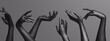 Many female hands elegant gesture, black mannequin hands up in a row – art fashion background. 3d rendering